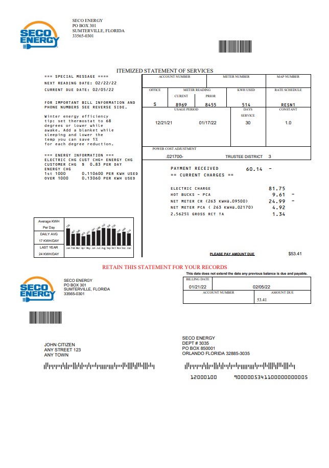USA Florida Seco Energy utility bill template in Word and PDF format